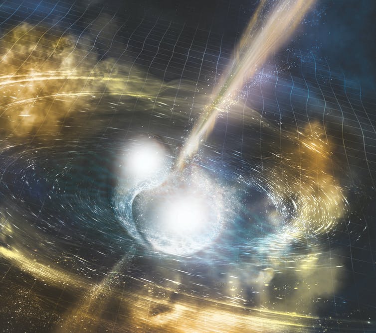 Artist’s illustration of two merging neutron stars.
