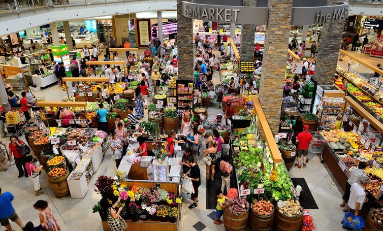 Birds eye view of a busy food market. Nutritional food swaps.