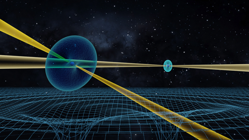 Artist’s impression of the Double Pulsar system and its effect on spacetime.