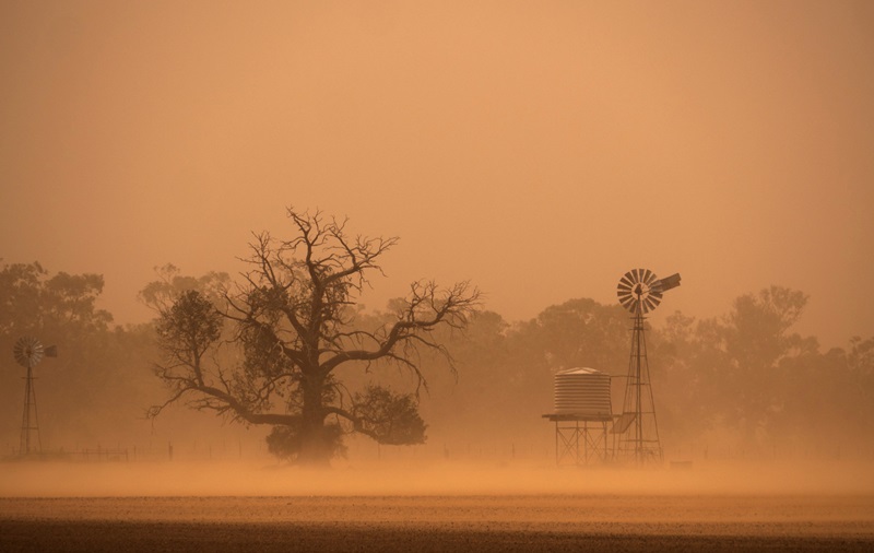 A dust storm going through a farm in drought Australia