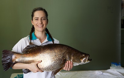 A woman standing in front of a lab bench holding a large barramundi.