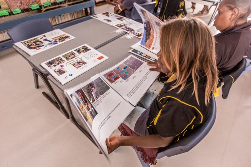 Students put together activity books after they go on bush trips with photos and information in English and Pitjantjatjara.