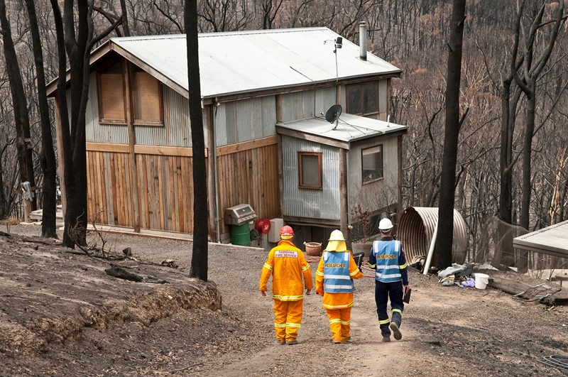 Three researchers dressed in coveralls walking toward a house surrounded by tall, burned trees.