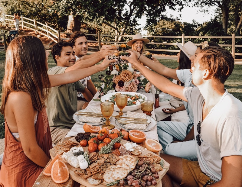fresh festive feast. Group of people cheers their glasses together at a picnic table.