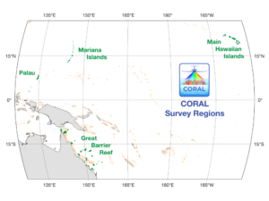 Info graphic showing Pacific islands to be surveyed by NASA CORAL missions