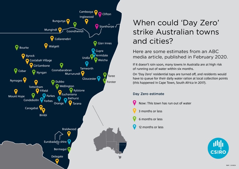 A map of towns in Queensland and New South Wales that are running out of water.