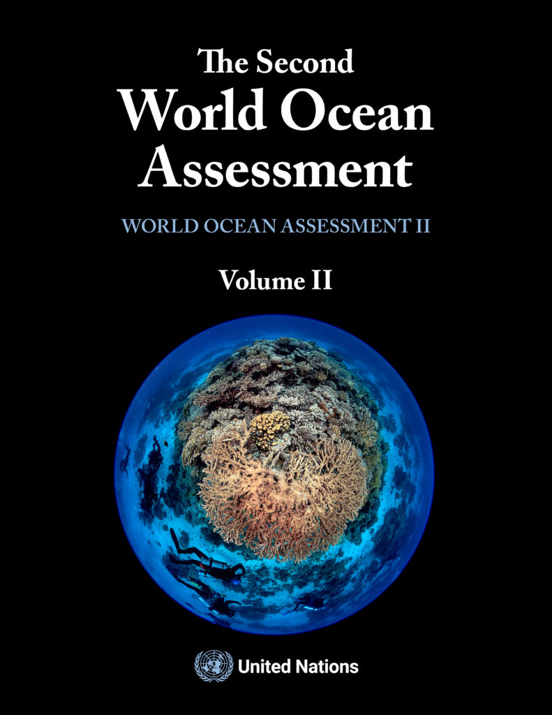The front cover of the Second World Ocean Assessment, showing the title, volume and a fisheye image of divers swimming over a coral reef.