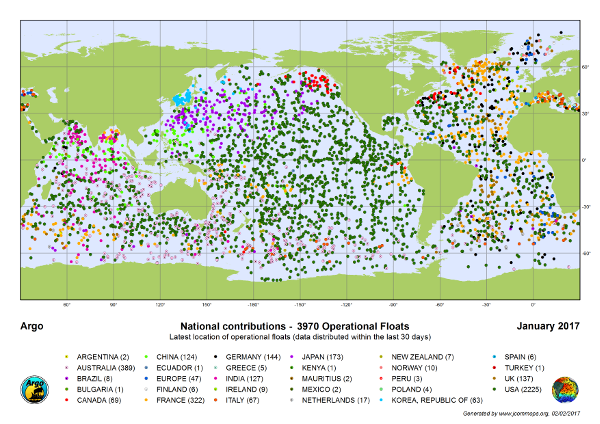 map of world with oceans covered in small covered dots showing floats