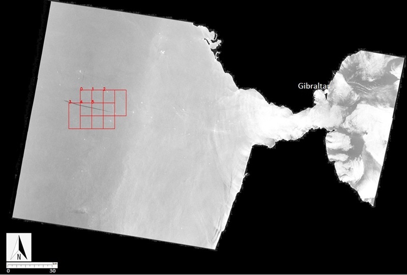 Satellite image over the Great Barrier Reef showing reef structures