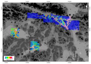 An aerial map with sections coloured from blue to pink depending on conductivity