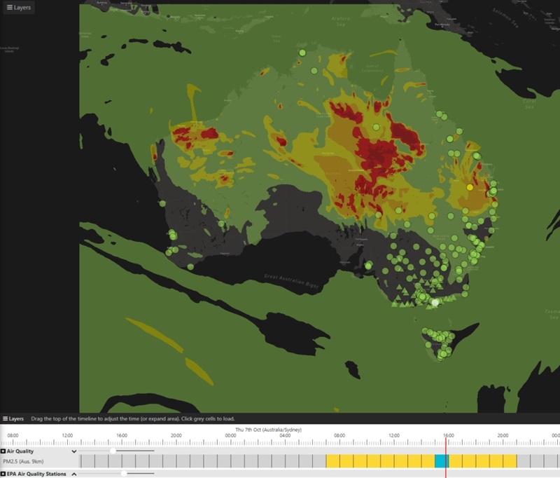 Air Quality Visualisation System graphic of Australia showing fires, smoke etc