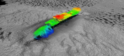A colourful digital image of a shipwreck on the seafloor.