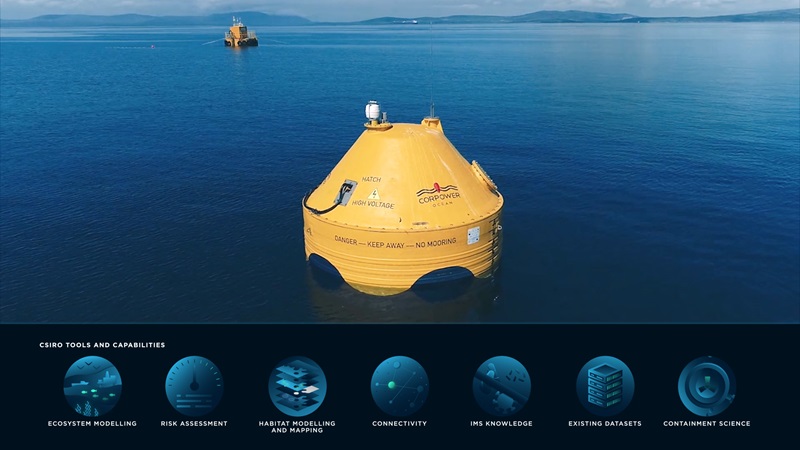 Oil and gas equipment in the ocean. Bottom of screen features graphic icons of CSIRO tools and capabilities such as risk assessment and ecosystem modelling
