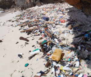 Many pieces of plastic littered across a sandy beach