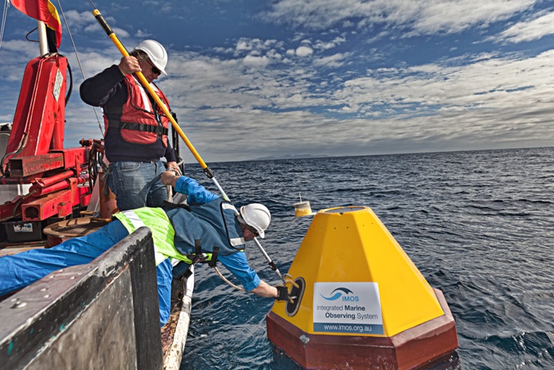 Two technicians attend to a floating yellow mooring