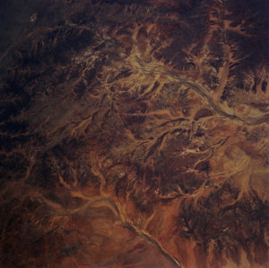 Satellite view of two rivers with many tributaries and surrounded by red earth