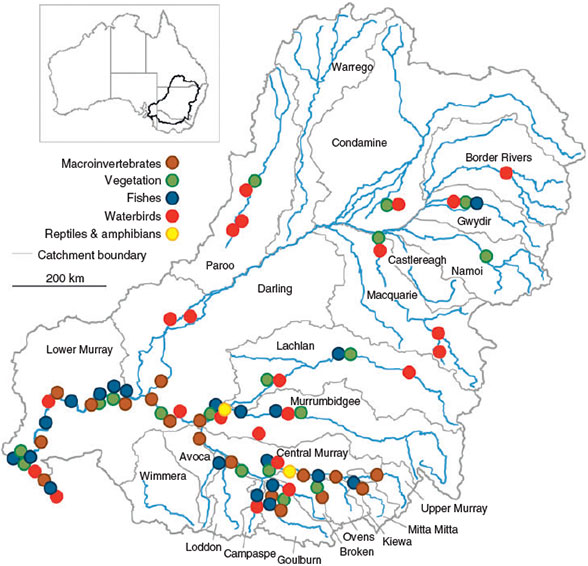 Map of Murray Darling Basin with coloured dots representing sites