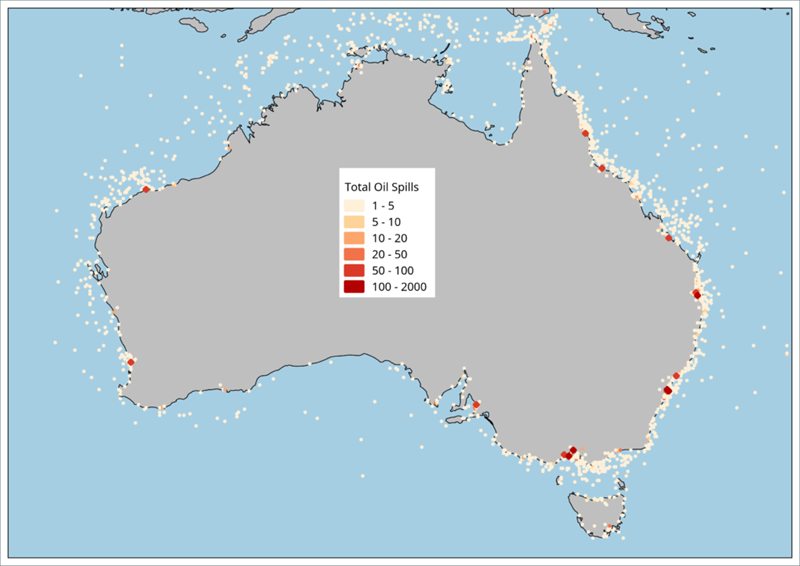 map of Australia showing number and location of oil spills