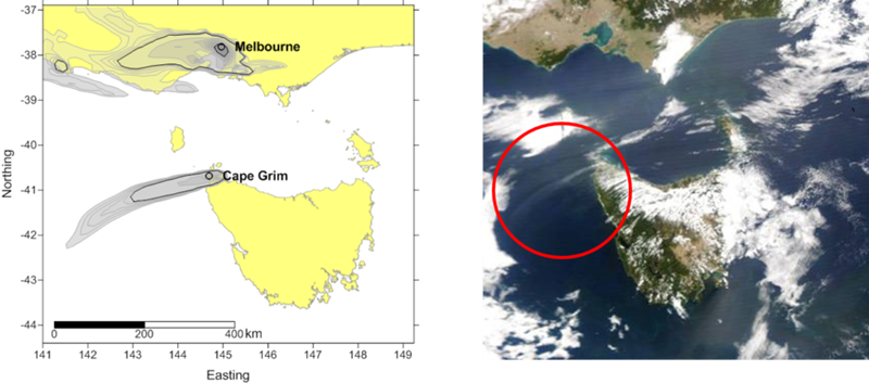 map compared with satellite image of smoke plumes over Tasmania