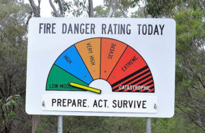 A sign with fire danger ratings