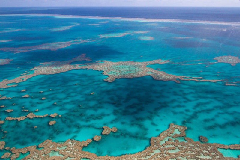 Corals and ocean water on the Great Barrier Reef as seen from the air 