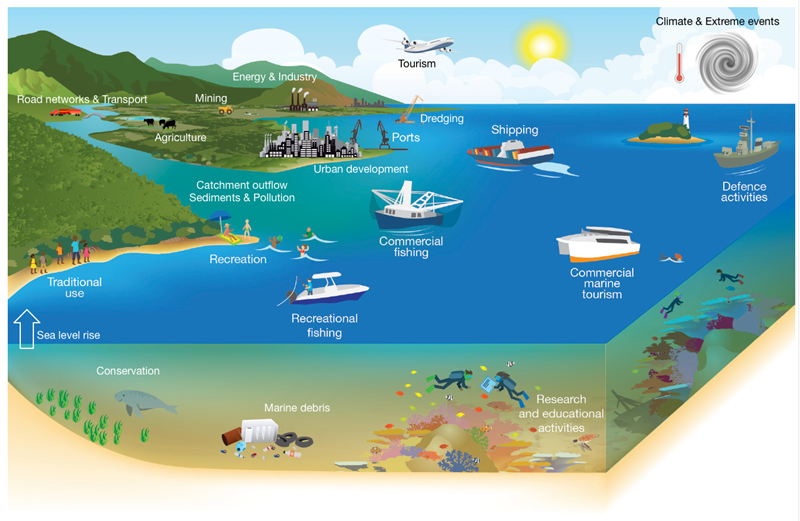 A cross-section illustration of land and ocean stretching from hills to the ocean and showing the ecosystem pressures that exist.