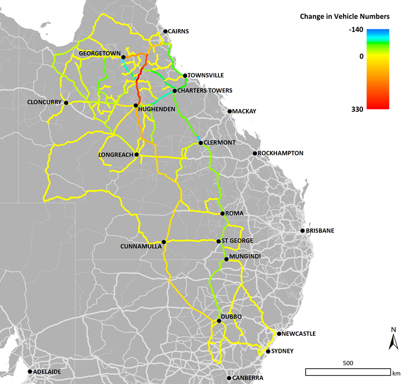 A map showing road network from Cairns in the north to Sydney in the south