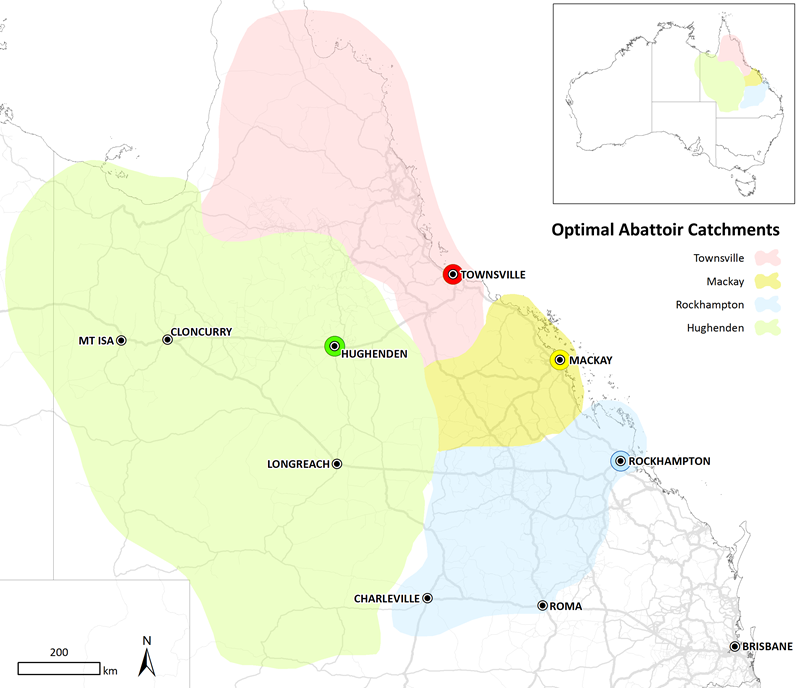 TRANSIT has modelled the optimal abattoir catchments in Queensland based on transport costs, including the areas that would be serviced by a new abattoir in Hughenden. Image: CSIRO