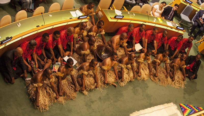 Fiji men in traditional dress on UN assembly floor