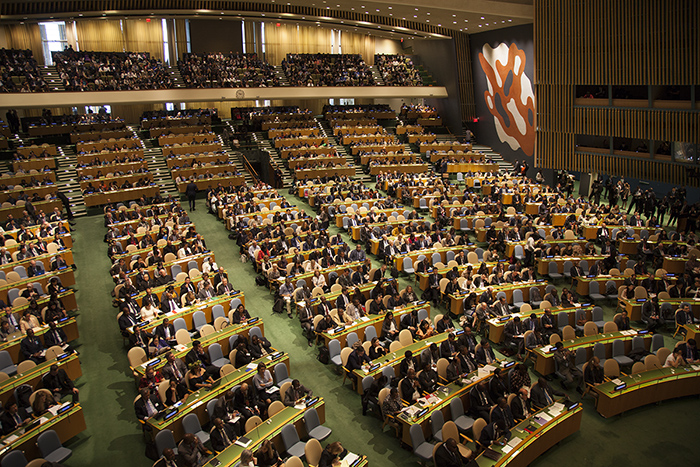 UN assembly hall filled with conference delegates