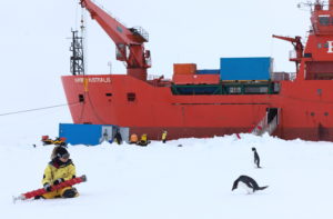 Dr Jess Melbourne-Thomas pictured next to a penguin, in front of a research vessel in Antarctica.