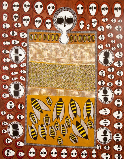 Aborignal painting showing ancestral beings and bees