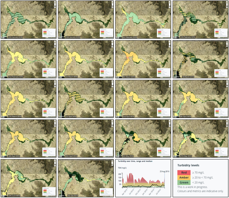 series of satellite maps showing turbidity in inland water way