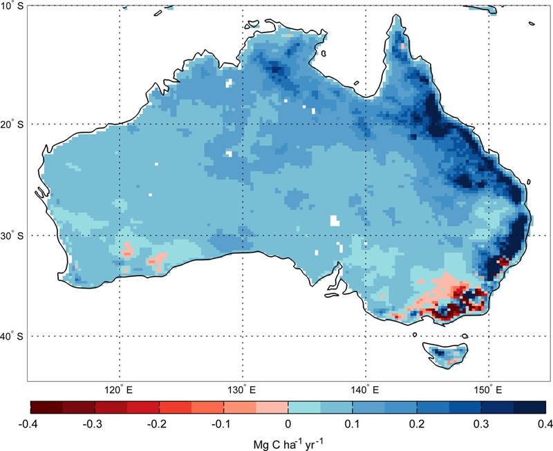 Map of Australia mostly coloured blue with sections of red in southeast Australia