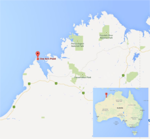 Map of Kimberley region of Western Australia with a red beacon at One Arm Point
