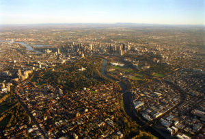 An aerial view of the city of Melbourne showing Yarra River and suburbs