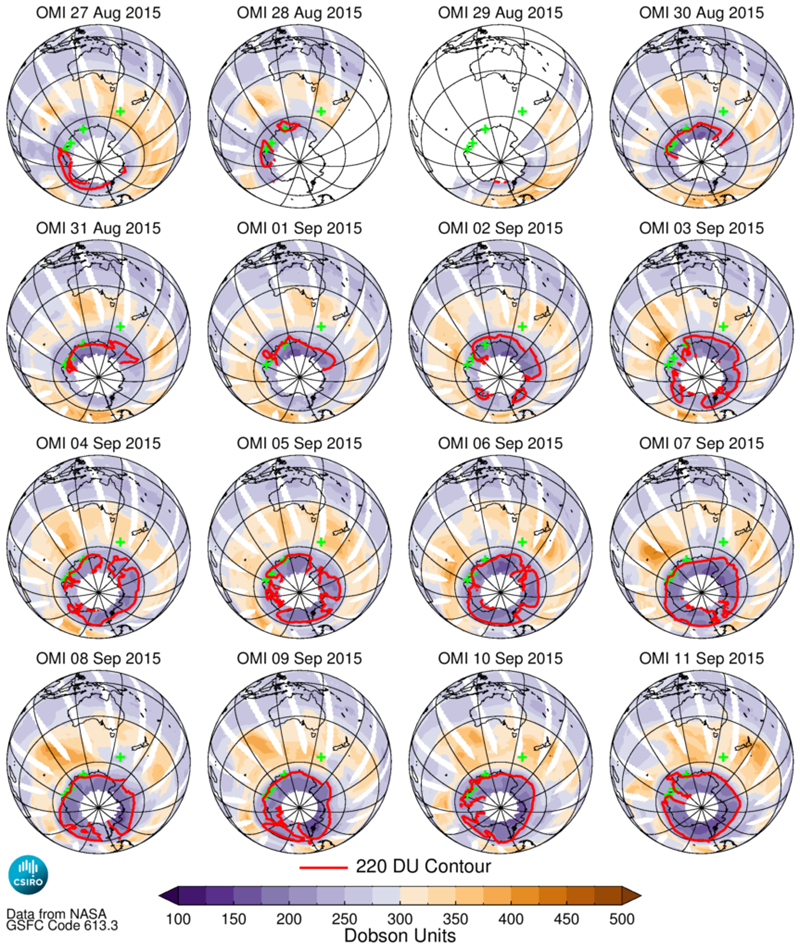 A graphic with 16 world globes each with a shape drawn over Antarctica