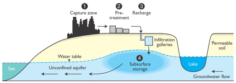 A schematic showing a city and water moving from capture zone through to subsurface storage via infiltration galleries