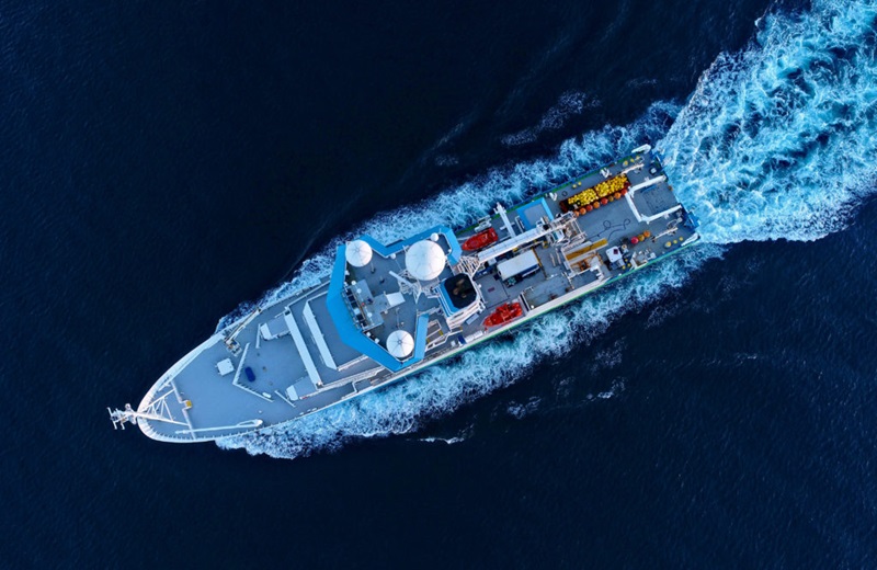 Overhead view of a research vessel at sea.