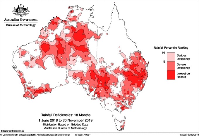 Map of Australia showing lots of areas across the country experiencing rainfall deficiencies with many showing lowest rainfall on record