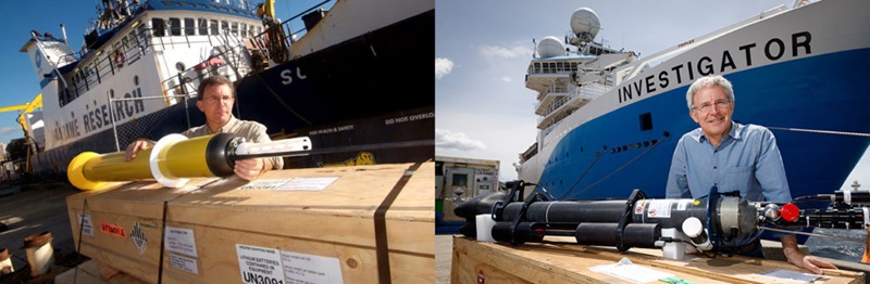 Two images of man with cylindrical machine