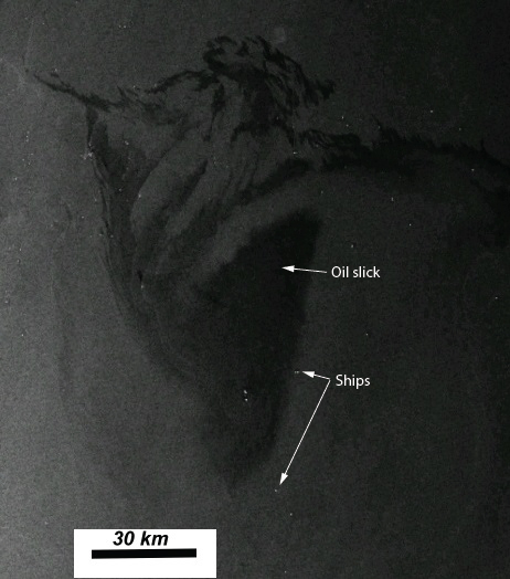 Satellite radar image of an oil slick with ships and oil slick pointed out with arrows