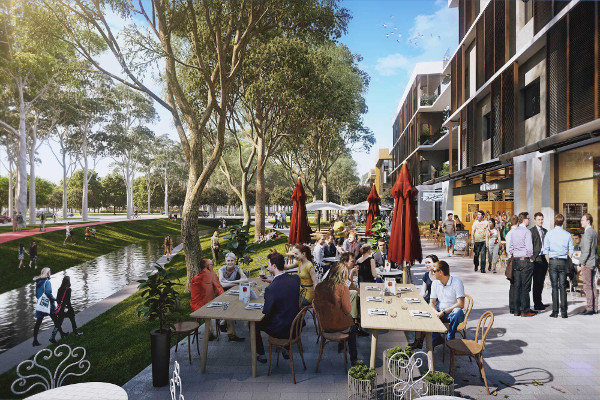 artist impression of new development, people on sidewalk next to canal