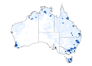A map of Australia with blue dots marking locations
