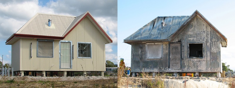 Split image of a houses made from steel before and after fire