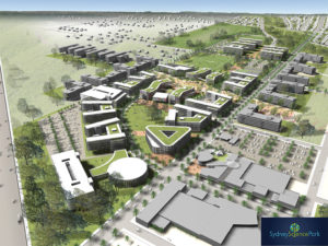 A graphic aerial view of proposed buildings