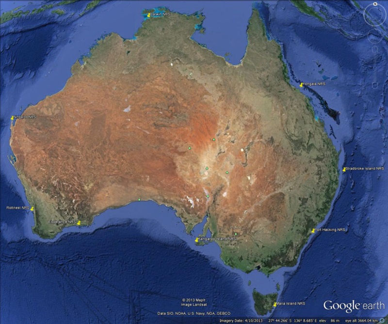 Google Earth map of Australia showing locations of moorings