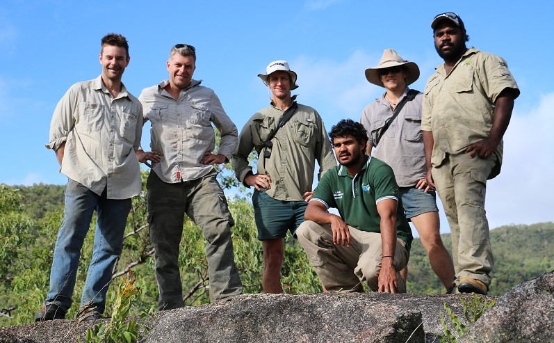 The pig hunters: some of the team managing pigs on Kantju Country. (L-R) Justin Perry, Anders Zimny and Eric Vanderduys (CSIRO); Dougie Huen (Kalan Rangers); Brian Ross (Balkanu Cape York Development Corporation); and Gabriel Creek (Kalan Rangers). Image: Chris McKay