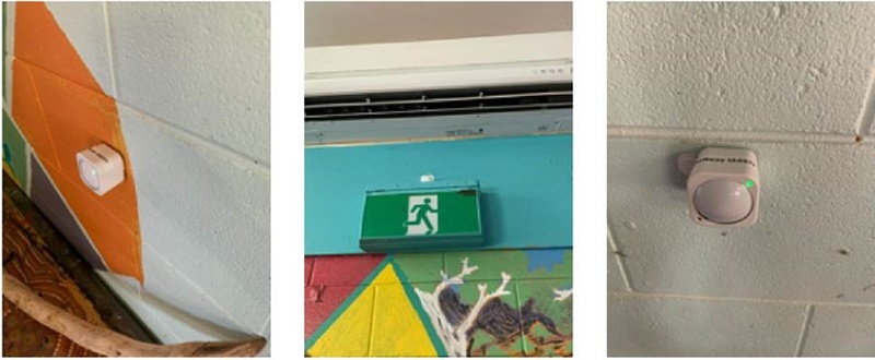 Three images, side by side, of example sensors installed on walls, air conditioner vents, and ceilings respectively. 