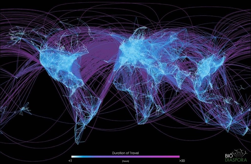Glowing map of the world showing interconnecting, overlapping lines spanning across countries.